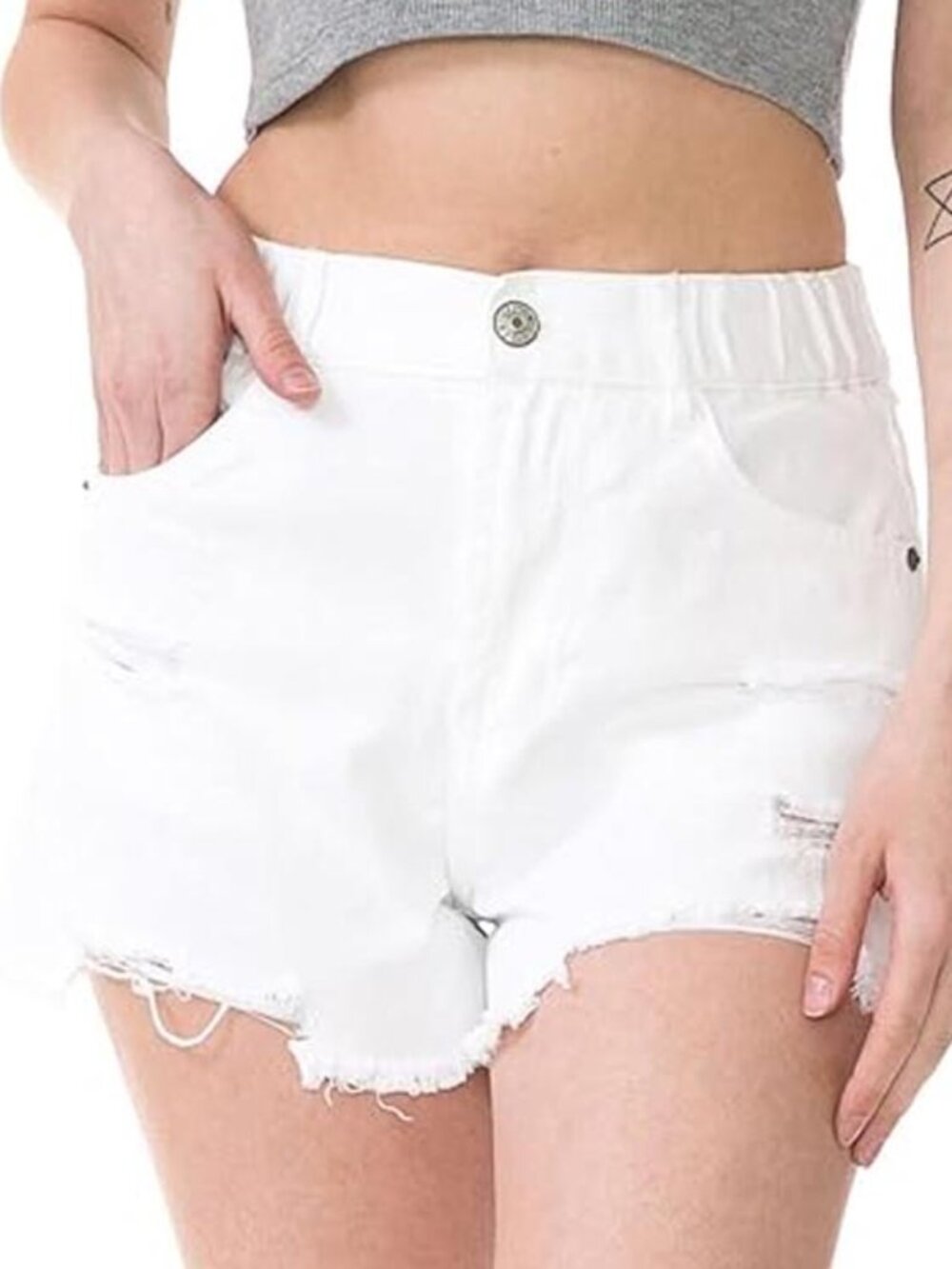 Love Tree Denim High Rise Destroy Fray Hem White Denim Shorts - Women's Small